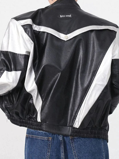 Racing Contrast Panel Lightning Leather Jacket
