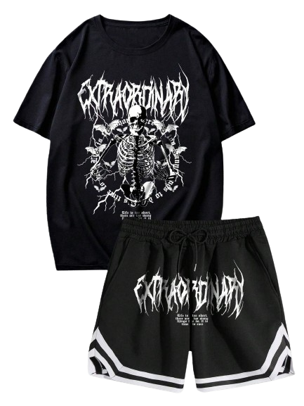 Grunge Punk Men Letter & Skeleton Print Tee & Striped Trim Drawstring Waist Shorts