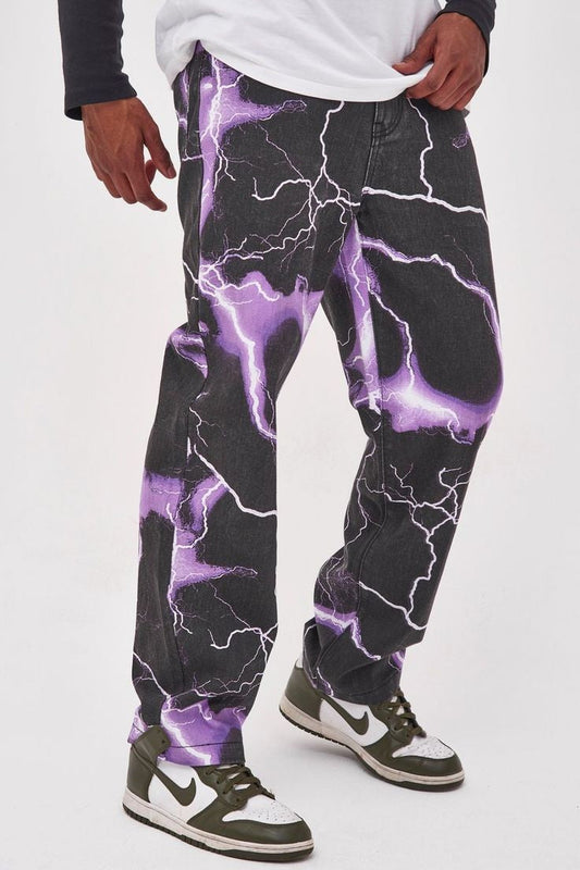 Lightning Pattern Wide Leg Jeans, Men's Casual Street Style Denim Pants