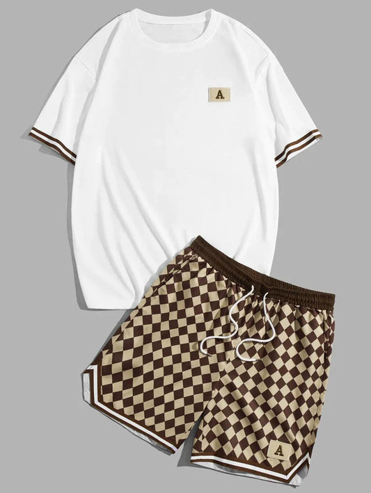 Letter Patched Striped Trim Tee & Checker Print Drawstring Shorts